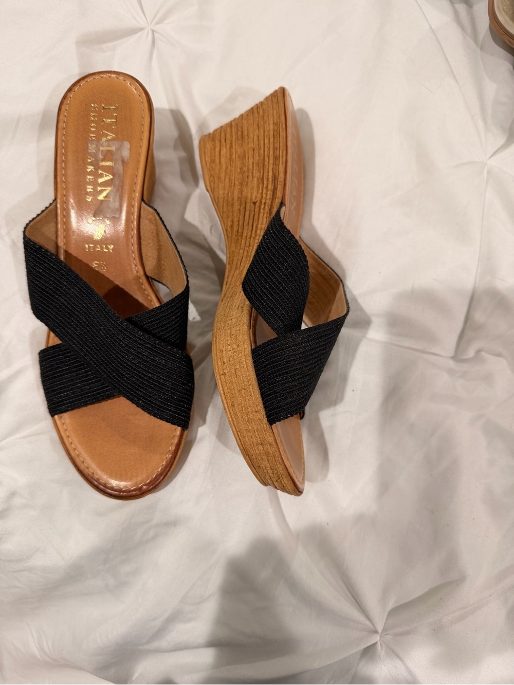 Italian Shoemakers Black Crisscross Wedge Sandals with Wood-Look Platform